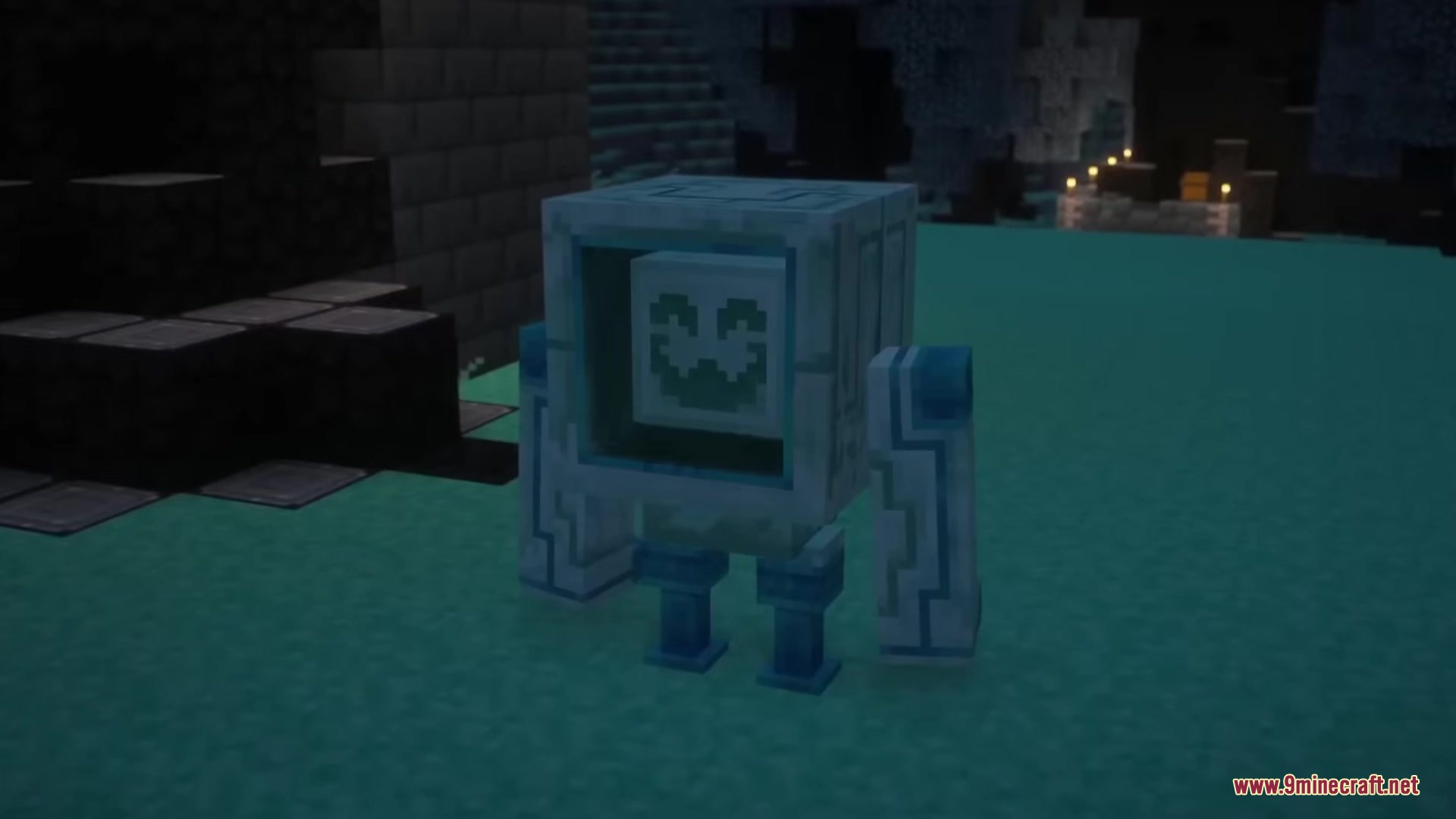 Drifter Mod Screenshot 5 A small blue robot with a pixelated face stands in a dark cave