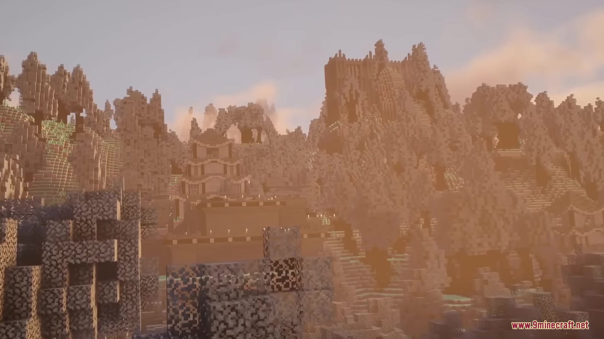 Drifter Mod Screenshot 6 Ancient stone ruins and mountains stand under a hazy orange sky