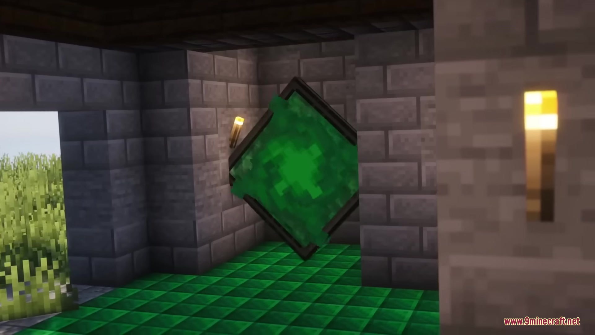 Drifter Mod Screenshot 7 A glowing green time rift inside a stone brick room with torches
