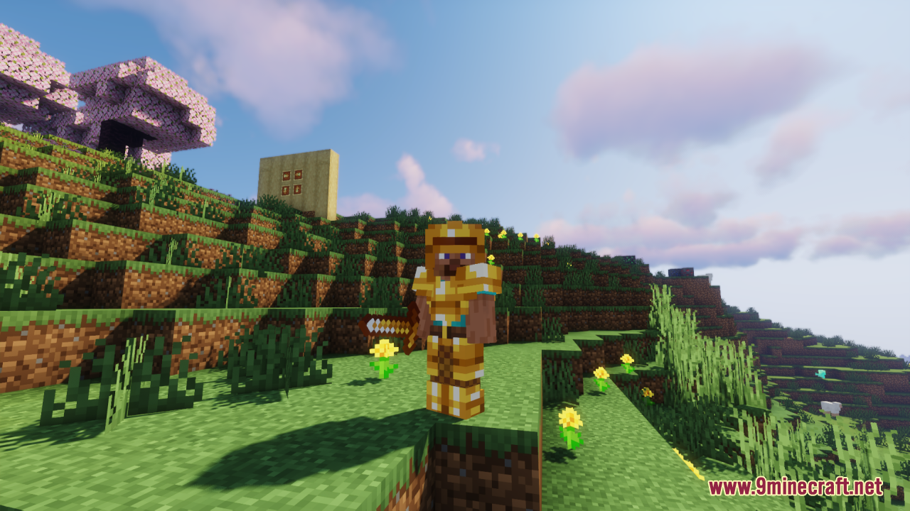 Drodi's Arsenal Resource Pack Screenshot 10 A player wearing detailed golden armor stands on a hill near cherry blossoms