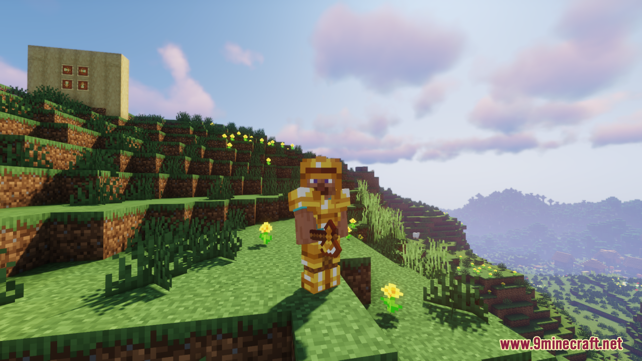 Drodi's Arsenal Resource Pack Screenshot 12 A character wearing the unique golden armor and tools from the Drodi Arsenal