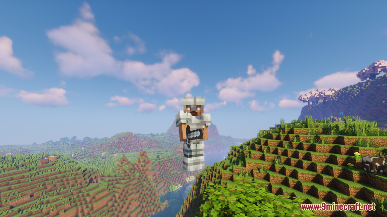 Drodi's Arsenal Resource Pack Screenshot 2 A player wearing custom iron armor holds a sword in a hilly biome