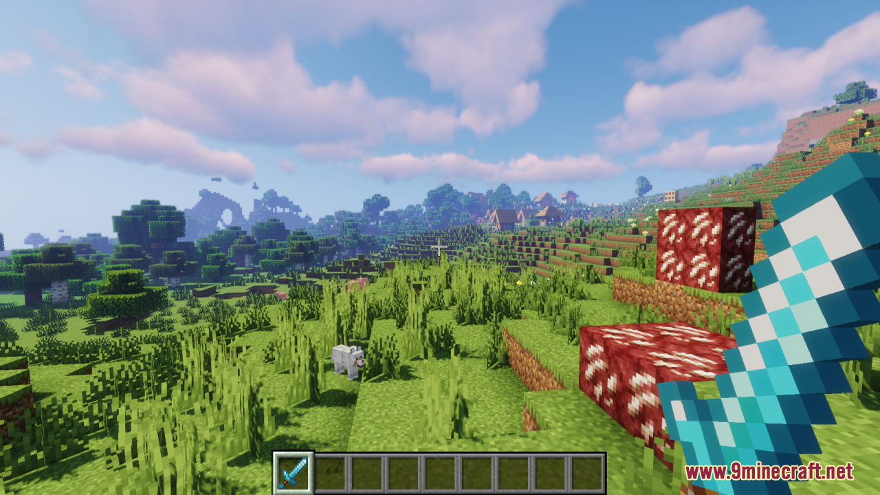 Drodi's Arsenal Resource Pack Screenshot 3 Player holding a diamond sword while looking at a wolf in a field