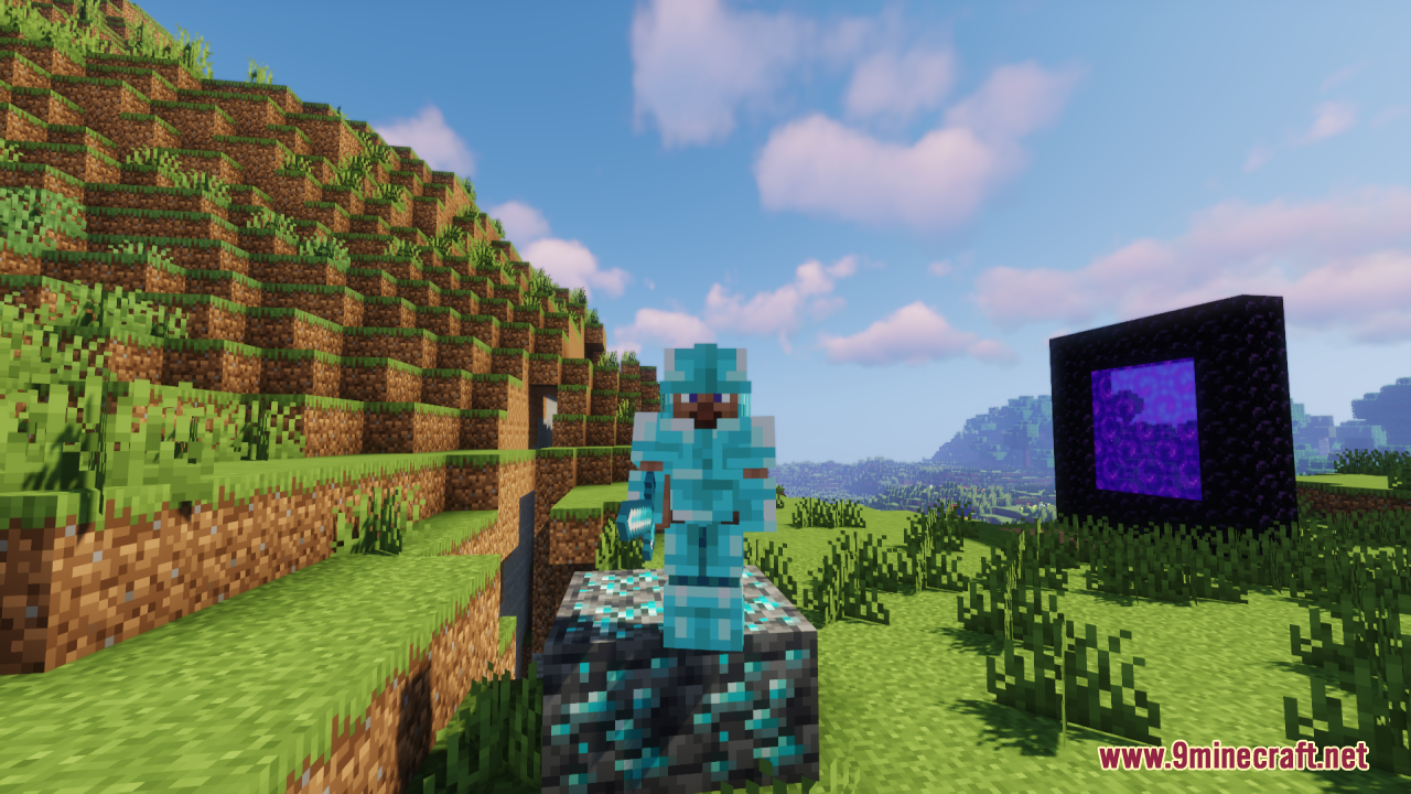 Drodi's Arsenal Resource Pack Screenshot 4 Player wearing diamond armor standing on a diamond ore block near a portal