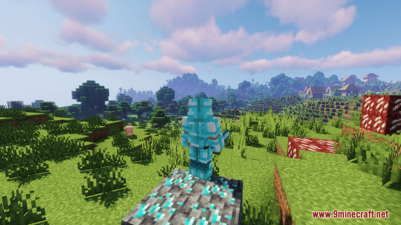 Drodi's Arsenal Resource Pack Screenshot 5 A player wearing custom blue armor stands on a diamond ore block