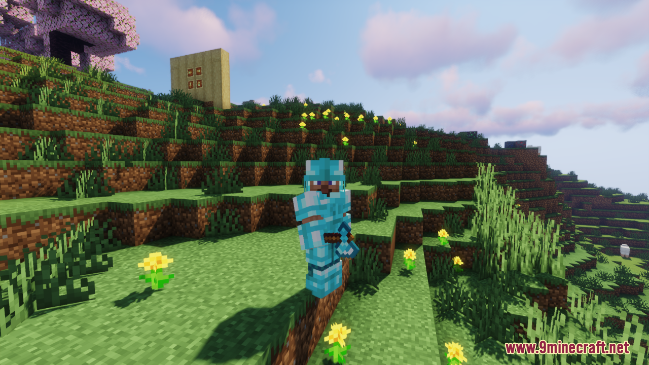 Drodi's Arsenal Resource Pack Screenshot 7 A player wearing detailed diamond armor and holding a matching axe on grass