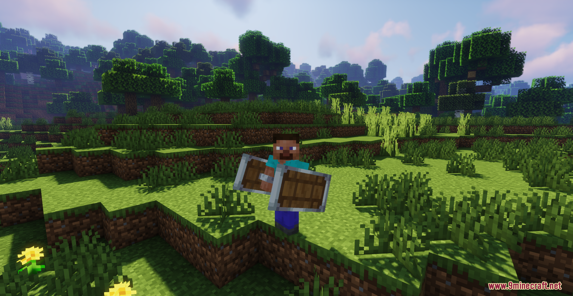 Drodi's Shield Resource Pack Screenshot 10 A player character holding a custom shield model in a sunny forest