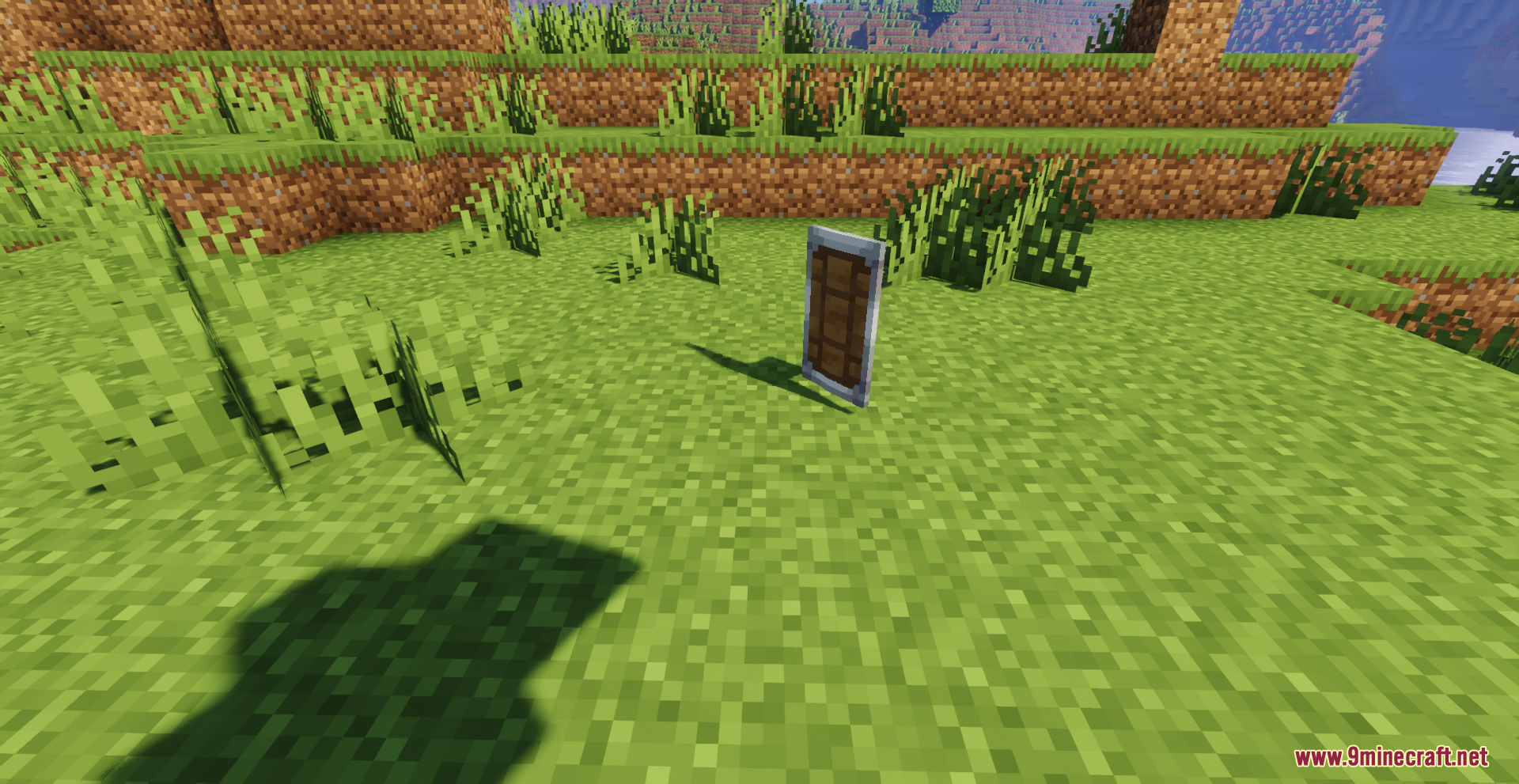 Drodi's Shield Resource Pack Screenshot 11 A wooden shield with a metal rim dropped on the green grass