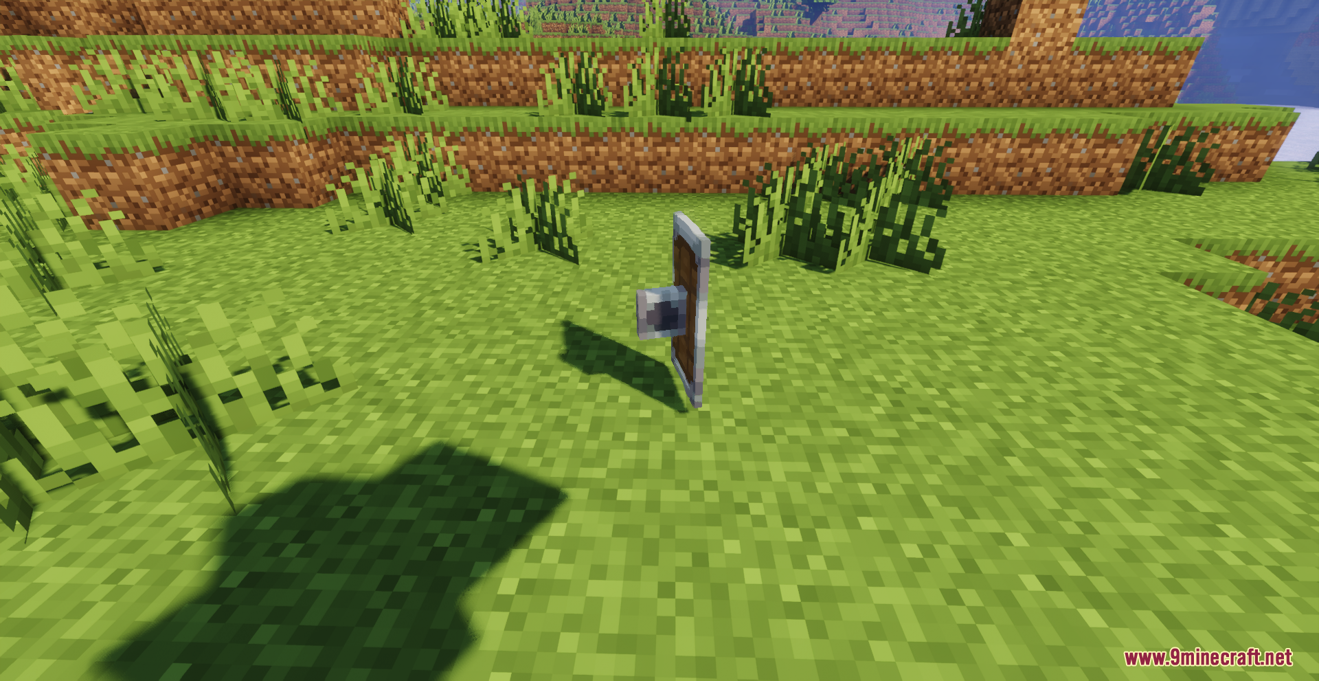 Drodi's Shield Resource Pack Screenshot 12 Side view of a detailed shield model showing the handle on grass