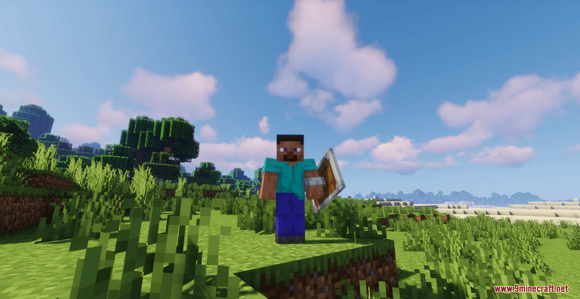 Drodi's Shield Resource Pack Screenshot 6 Steve holds a redesigned wooden shield while standing in a bright green field