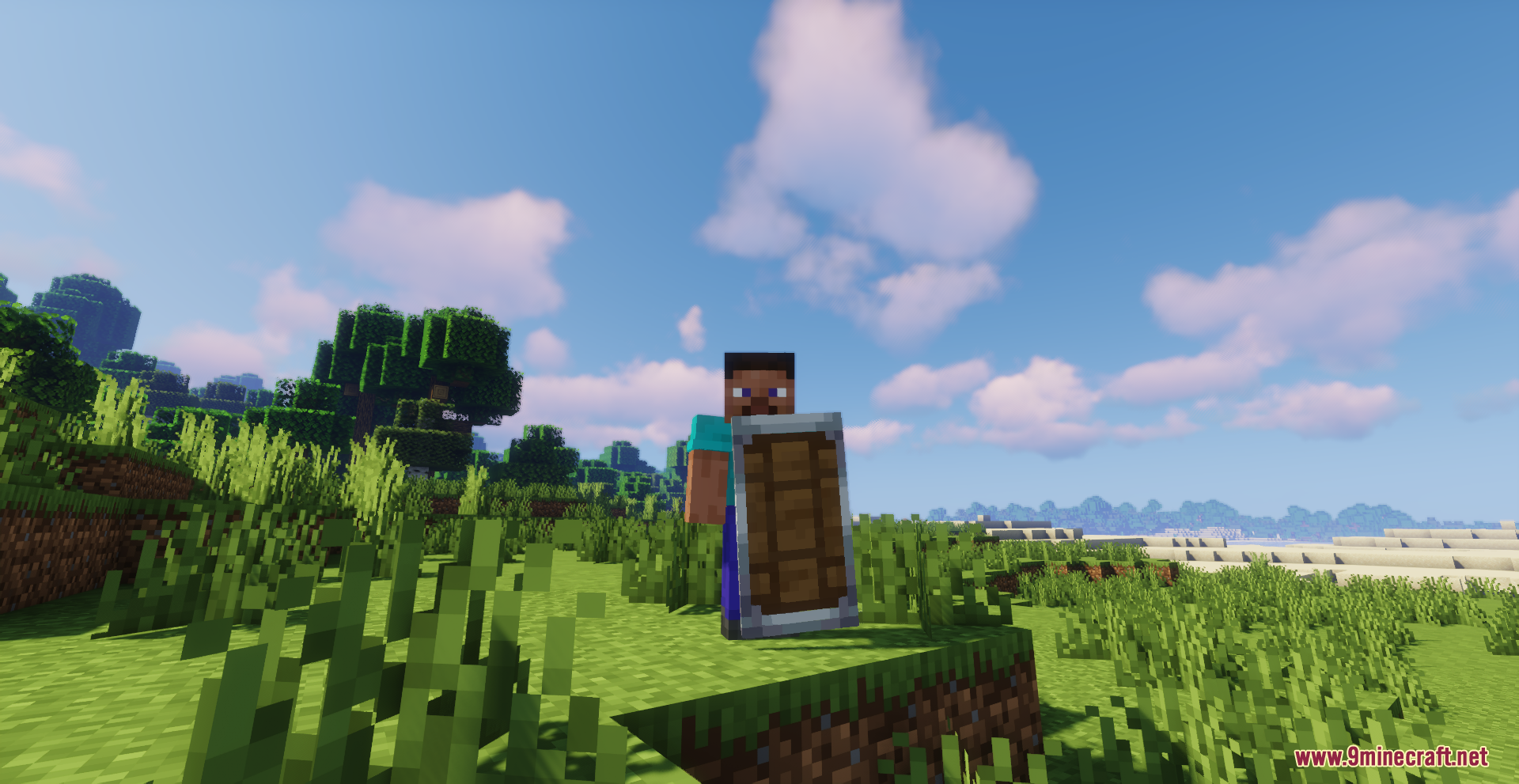 Drodi's Shield Resource Pack Screenshot 7 Steve holding a redesigned wooden shield in a sunny grassy field
