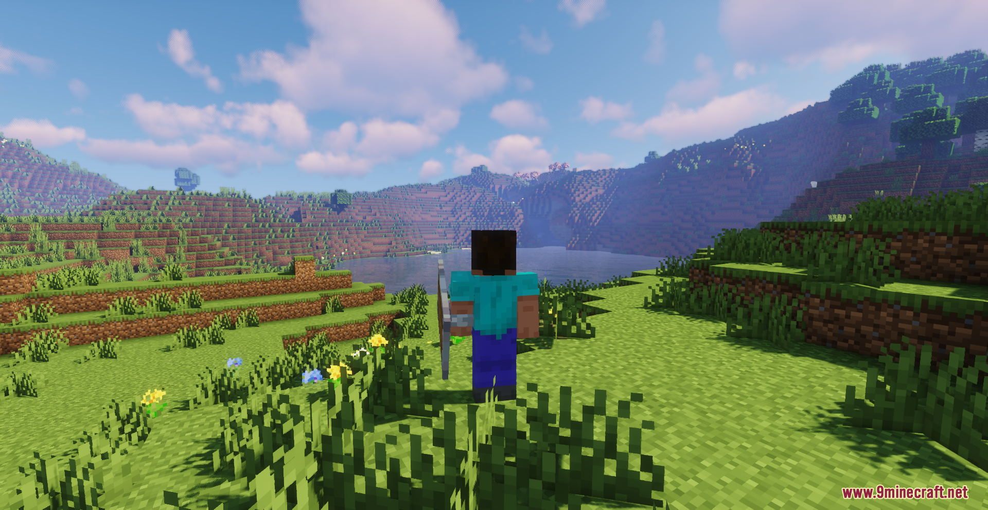 Drodi's Shield Resource Pack Screenshot 8 Player character overlooking a scenic lake with a custom shield equipped