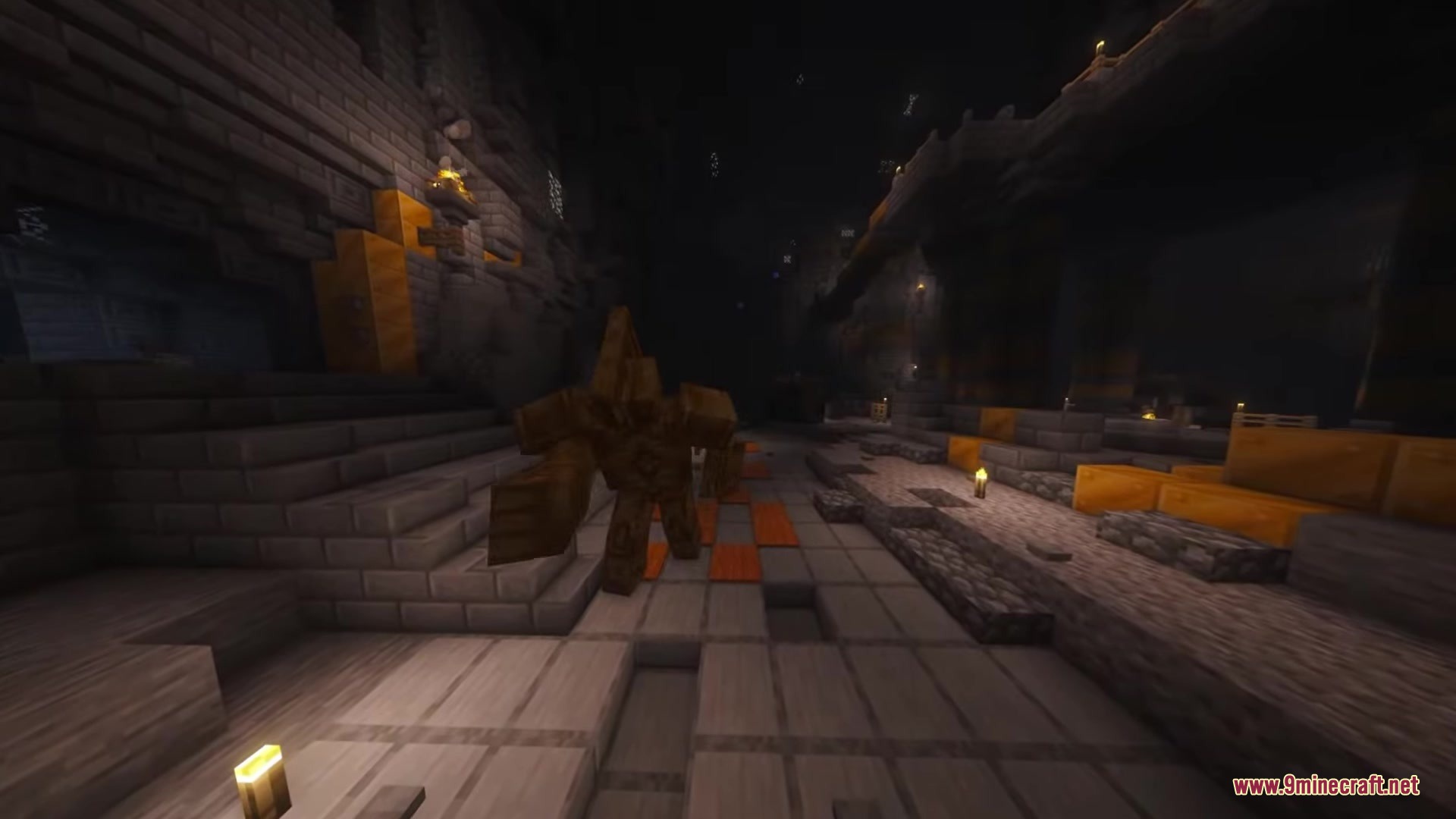 A large mechanical centurion walks through a dark underground hall filled with ruins