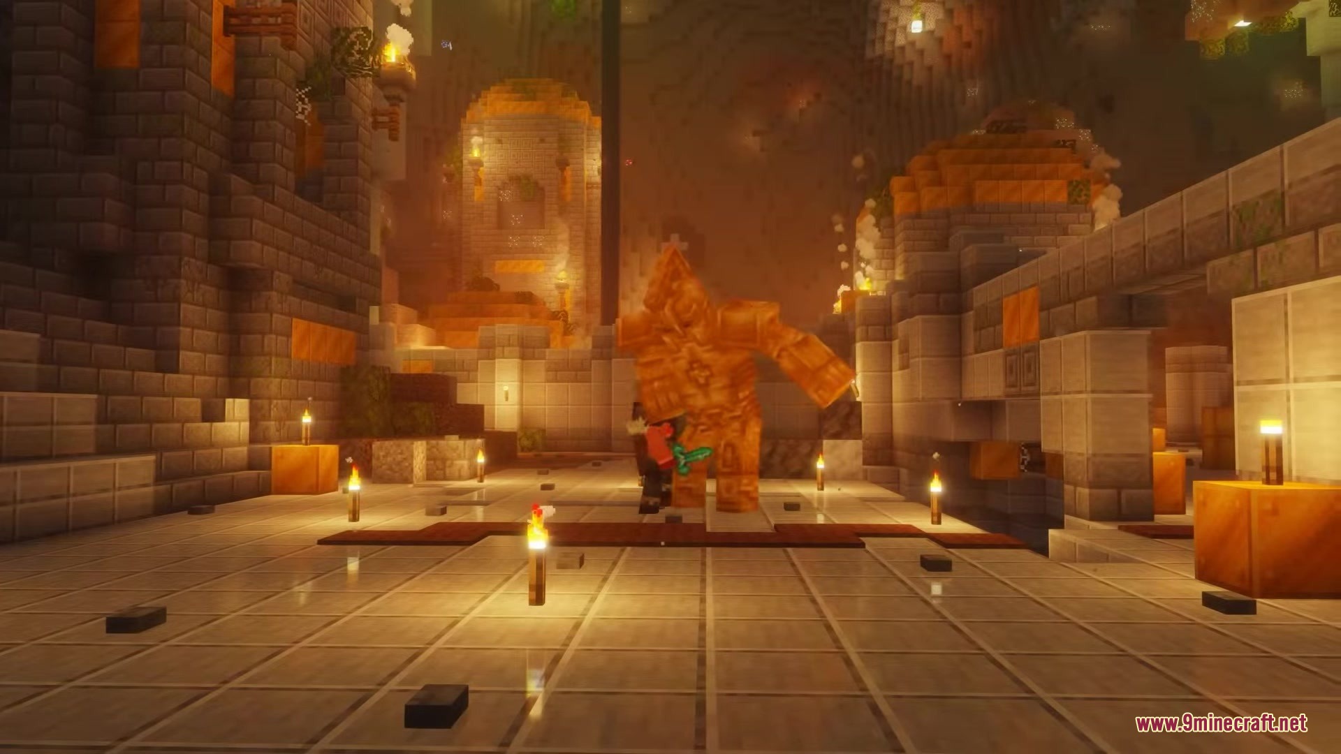 A player battles a giant Dwarven Centurion boss in a stone chamber