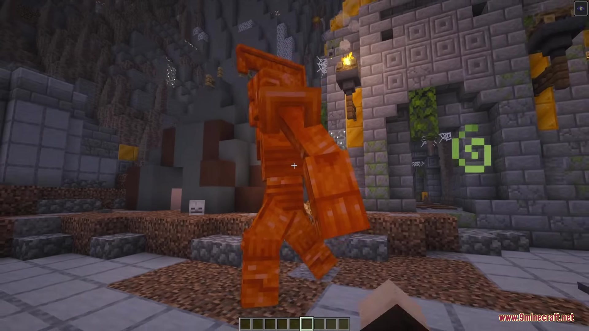 A large copper Dwarven Centurion walks past stone walls in an ancient ruin