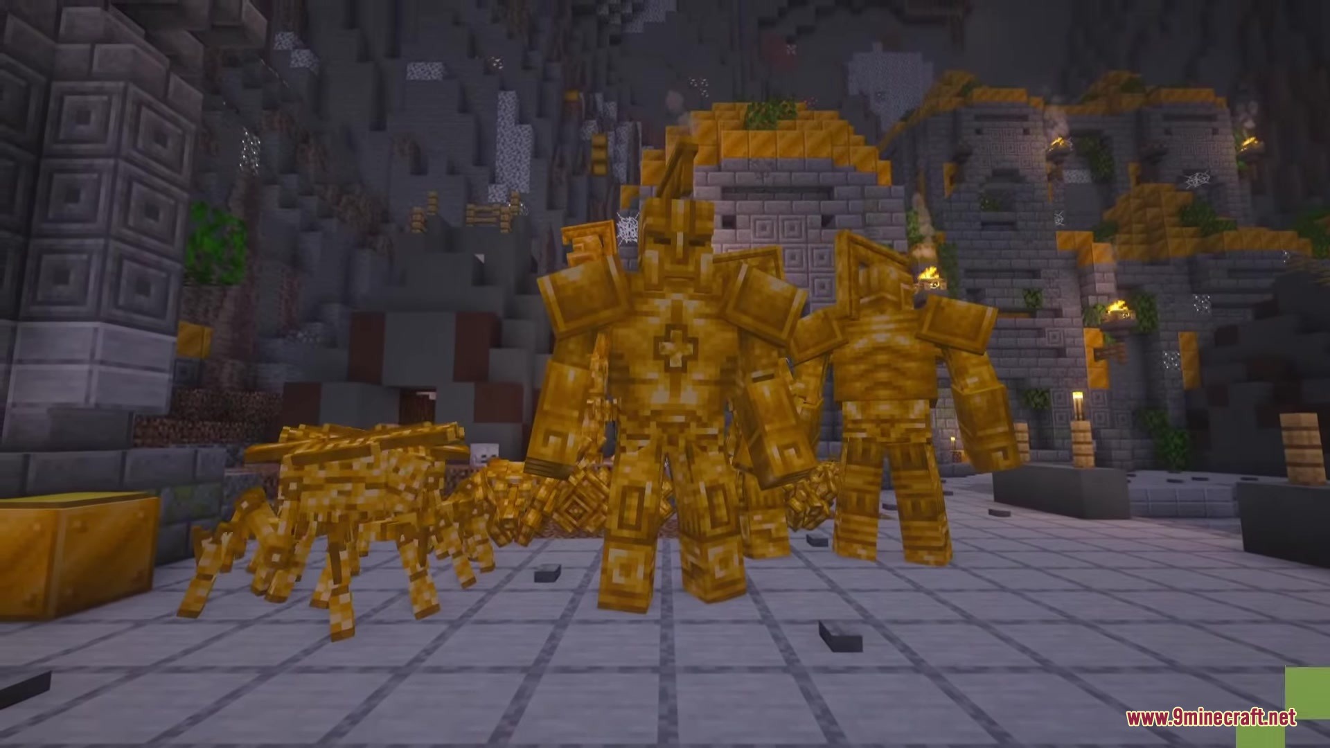 Dwarven Centurion and Dwarven Spider standing in a stone industrial room