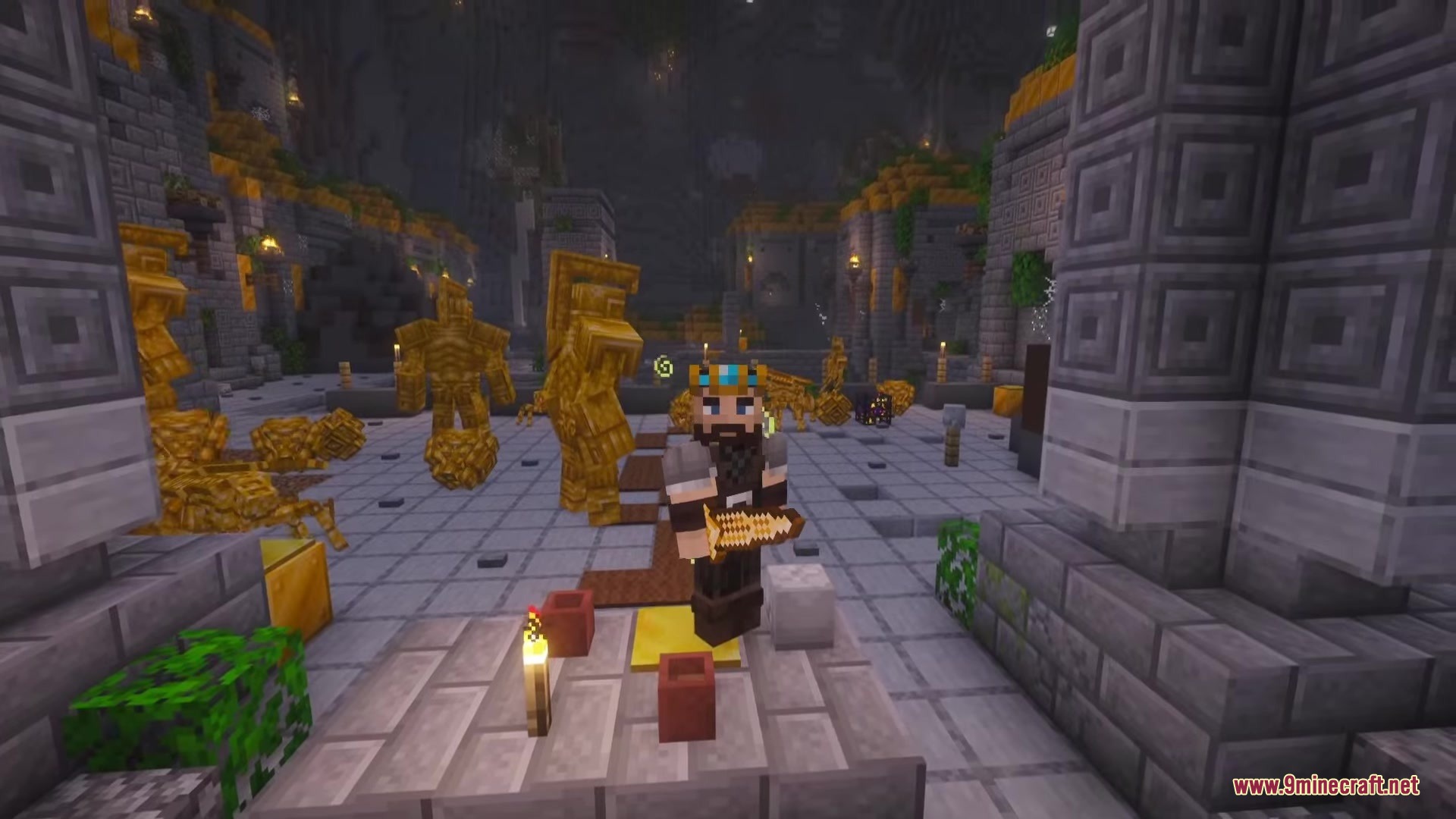 A king character holding a golden sword in a room with golden statues