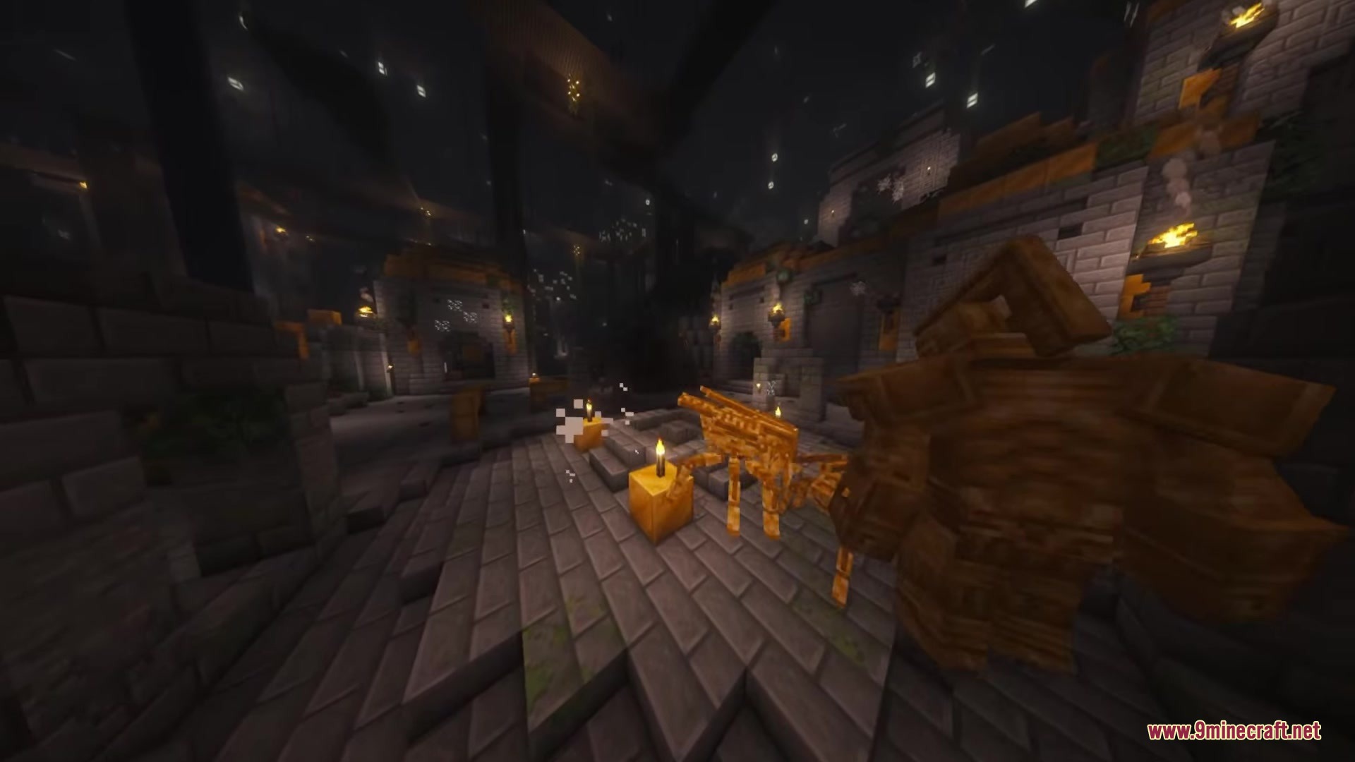 A giant mechanical centurion stands guard in a dark underground stone chamber