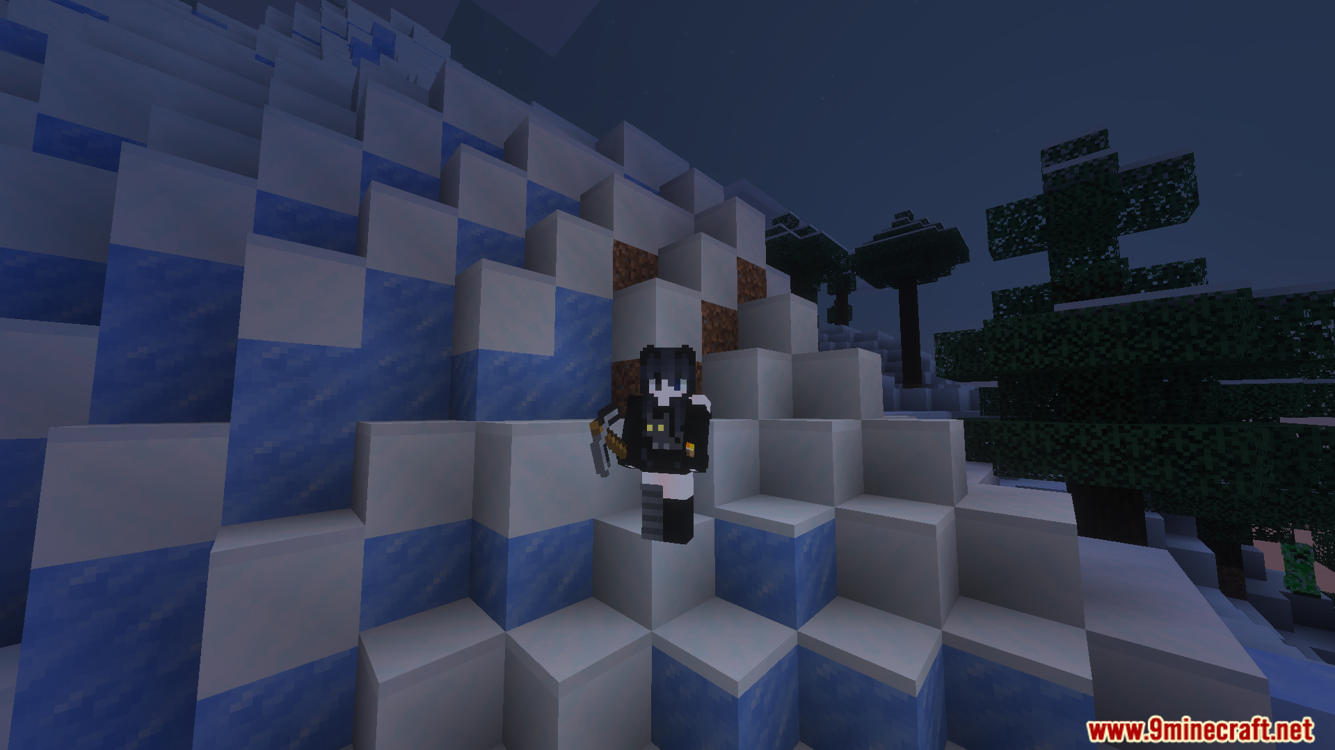 Player character standing on blue ice blocks at night with glowing light effects