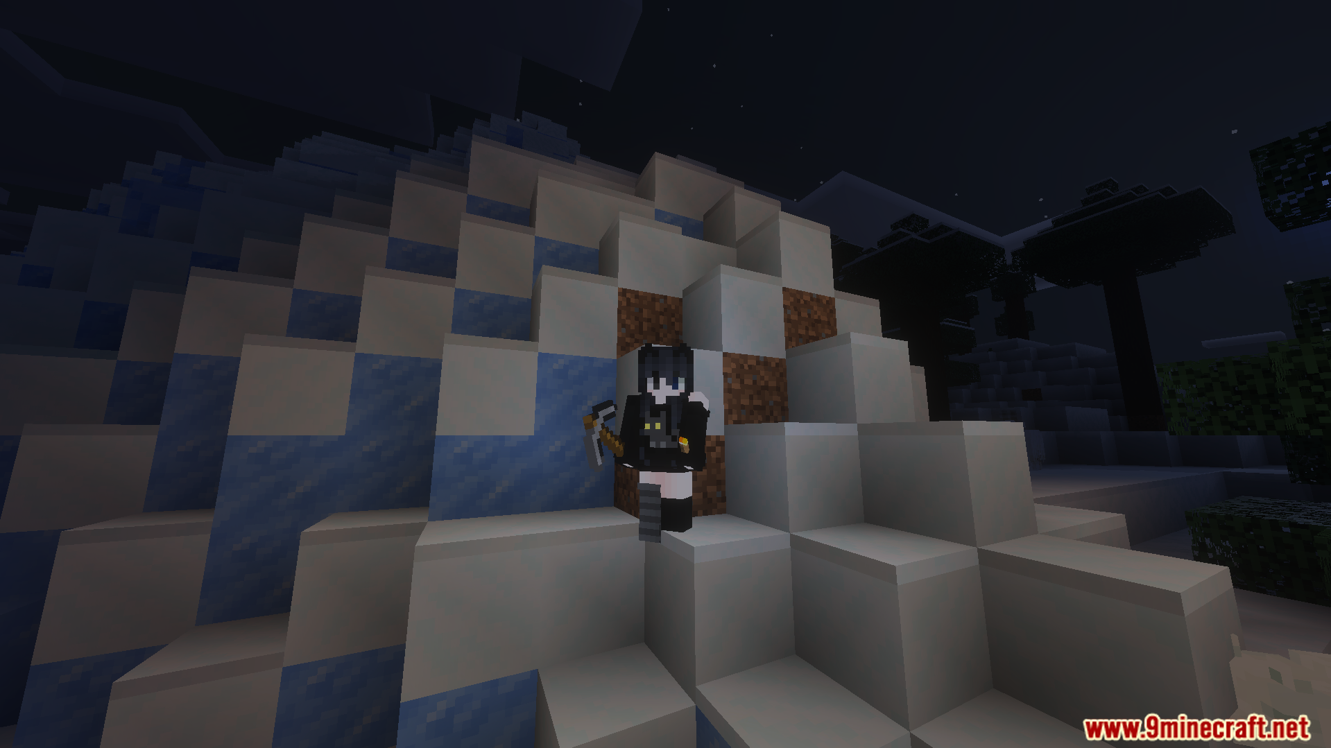 Minecraft character holding a pickaxe while standing on snow blocks during the night