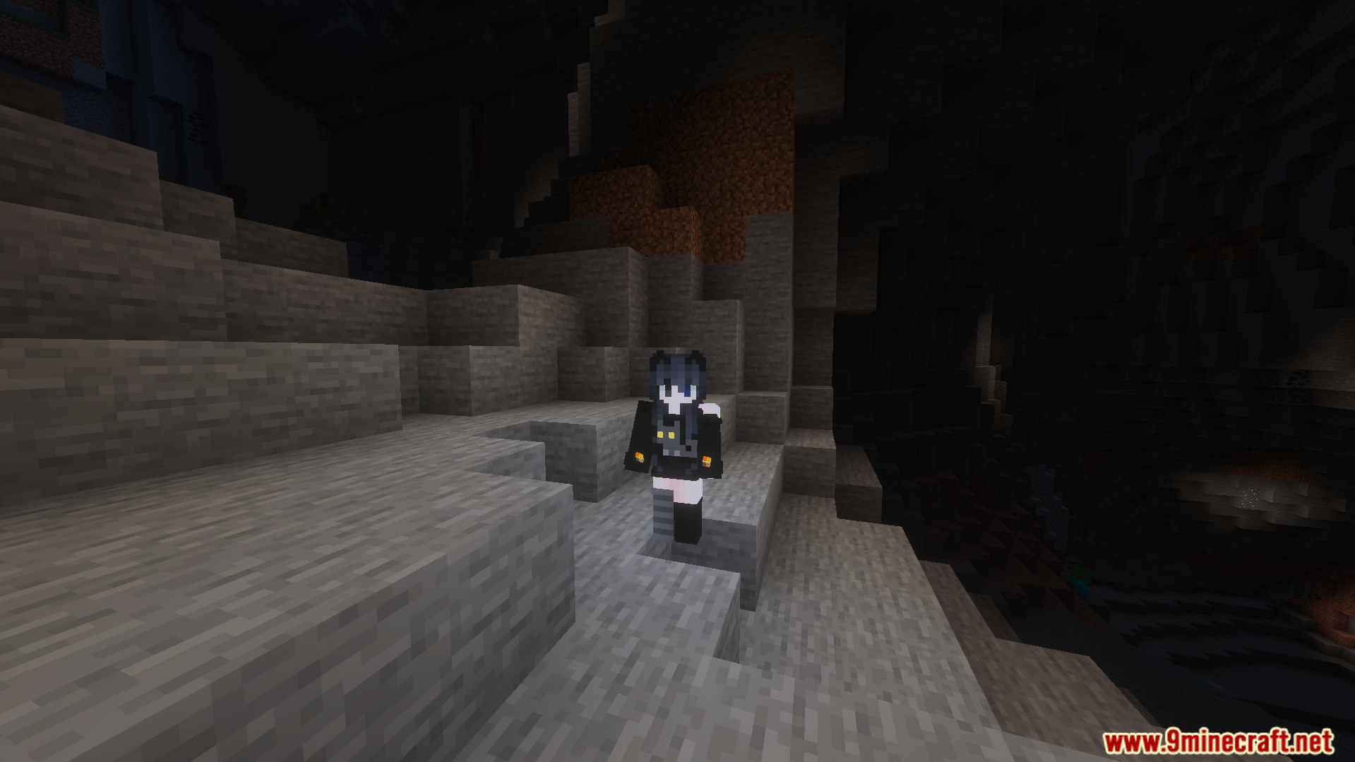 Player explores a cave with improved visibility for mining and building tasks