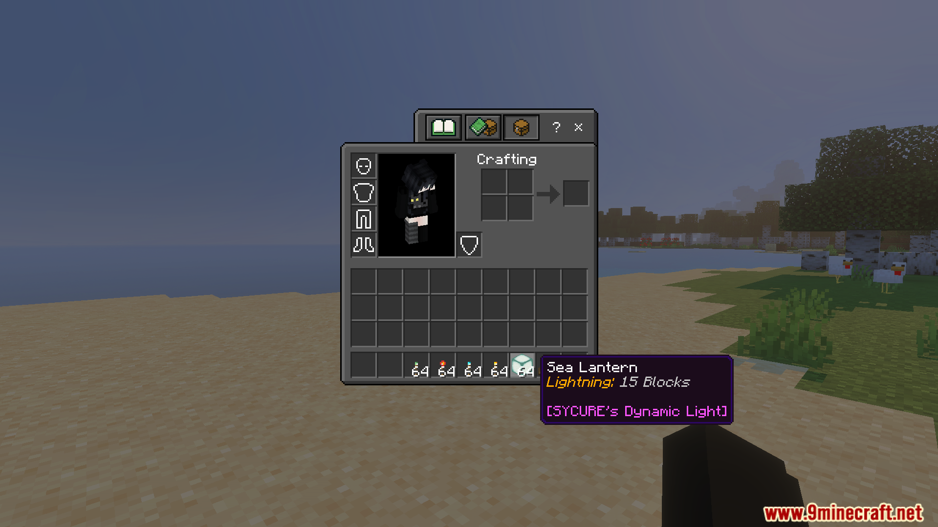 Dynamic Lighting and Offhand Addon Screenshot 2 Inventory screen showing a sea lantern with dynamic lighting range in the tooltip