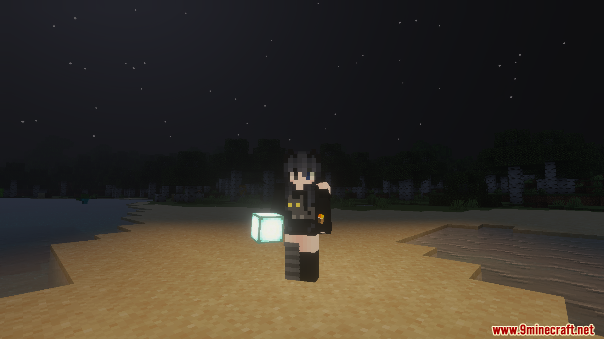 Dynamic Lighting and Offhand Addon Screenshot 4 Player holding a glowing block to illuminate the surrounding area at night