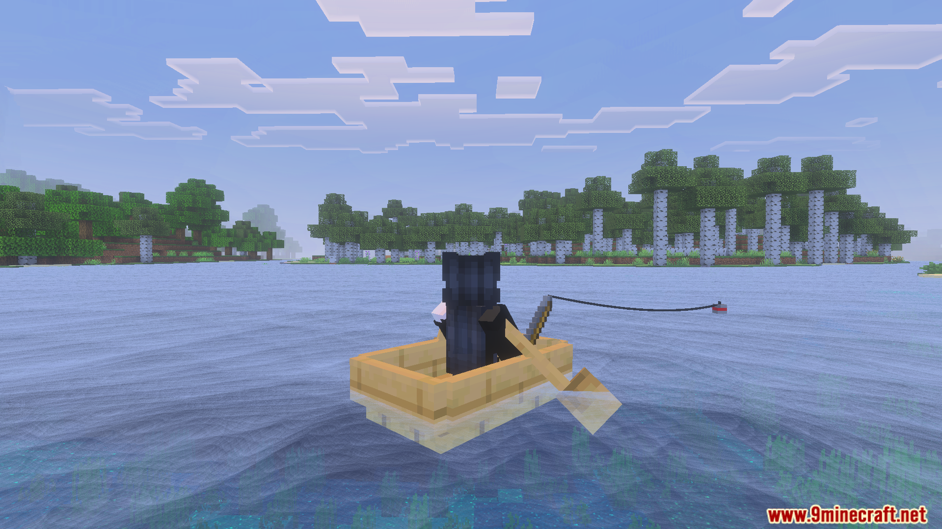 Player fishing from a boat on realistic blue water near a birch forest