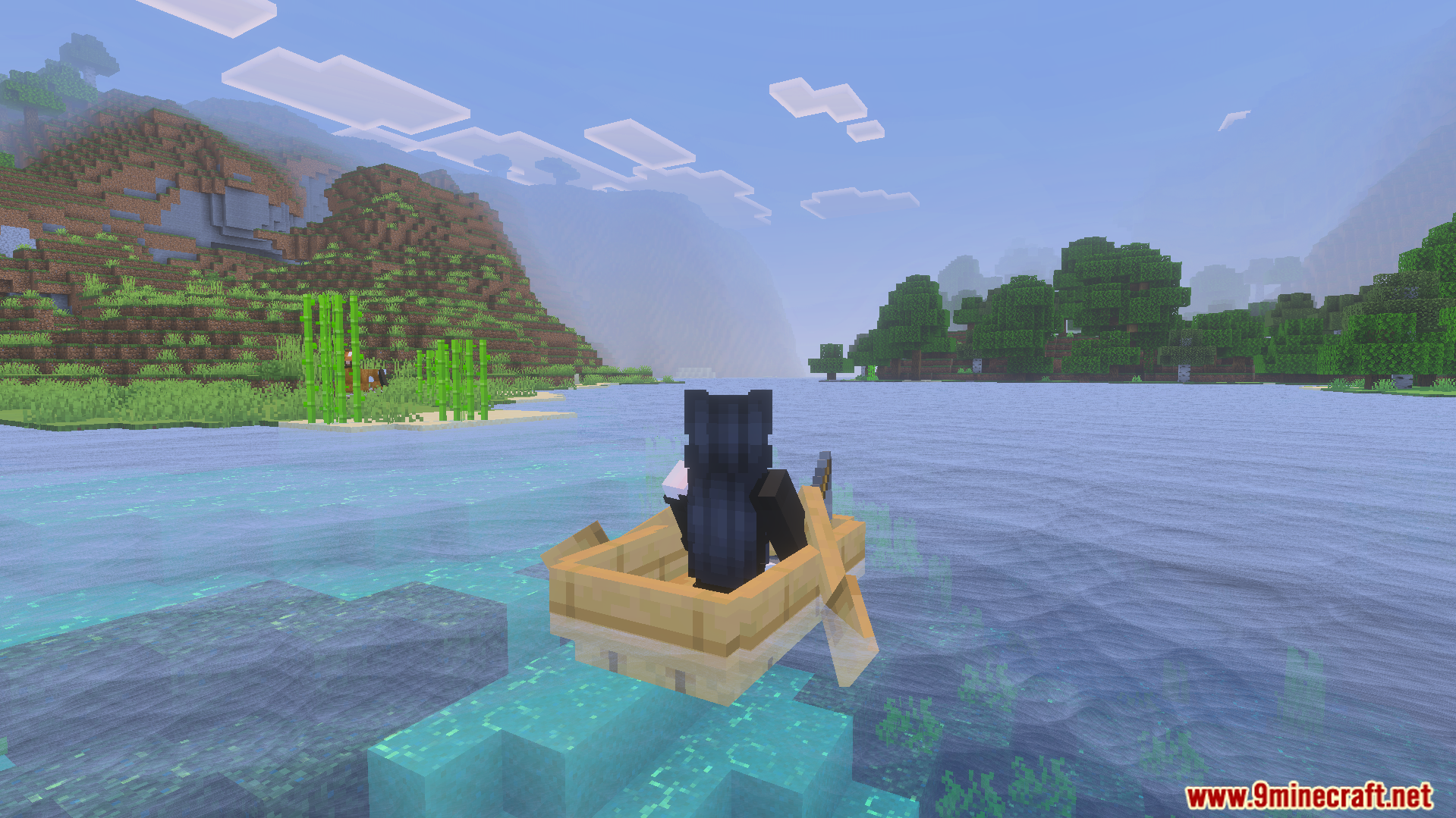Player rowing a boat through clear water with visible underwater blocks and sugarcane