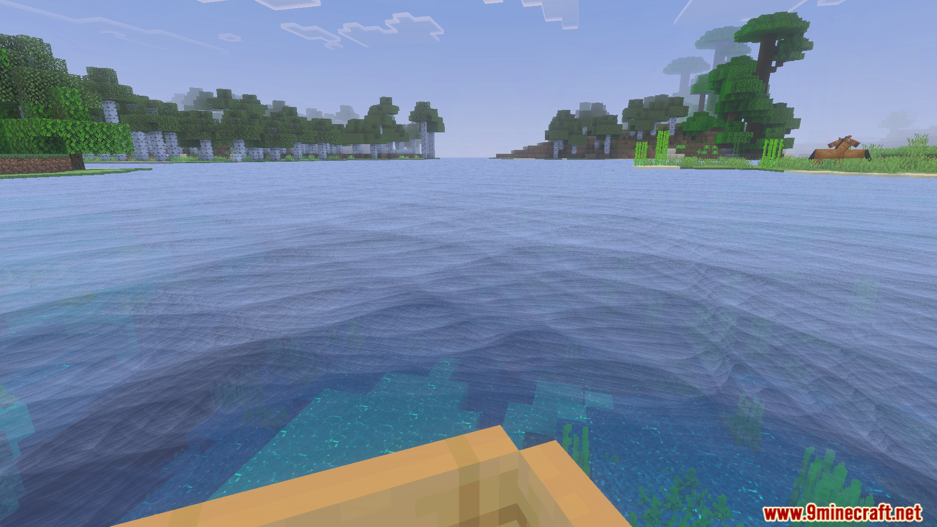 First person view from a boat on realistic blue water with green kelp