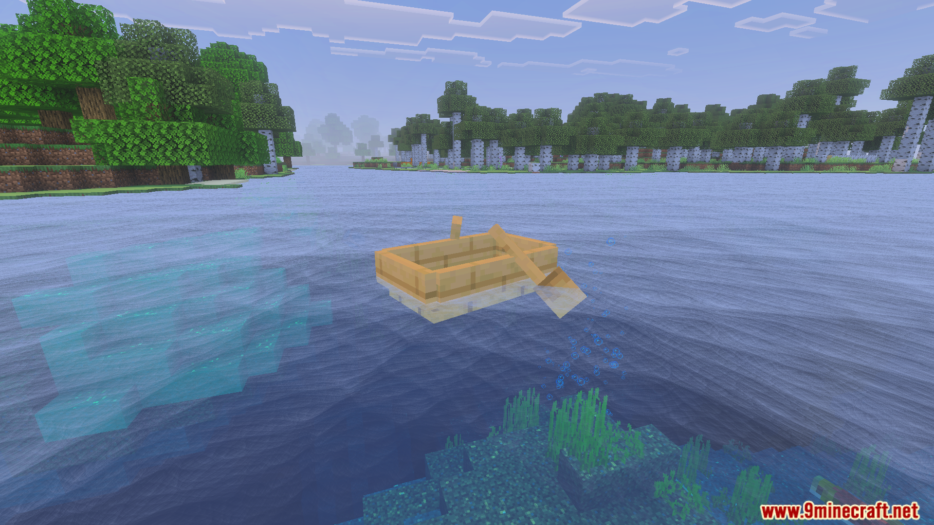 A wooden boat floating on realistic blue water with dynamic movements and trees