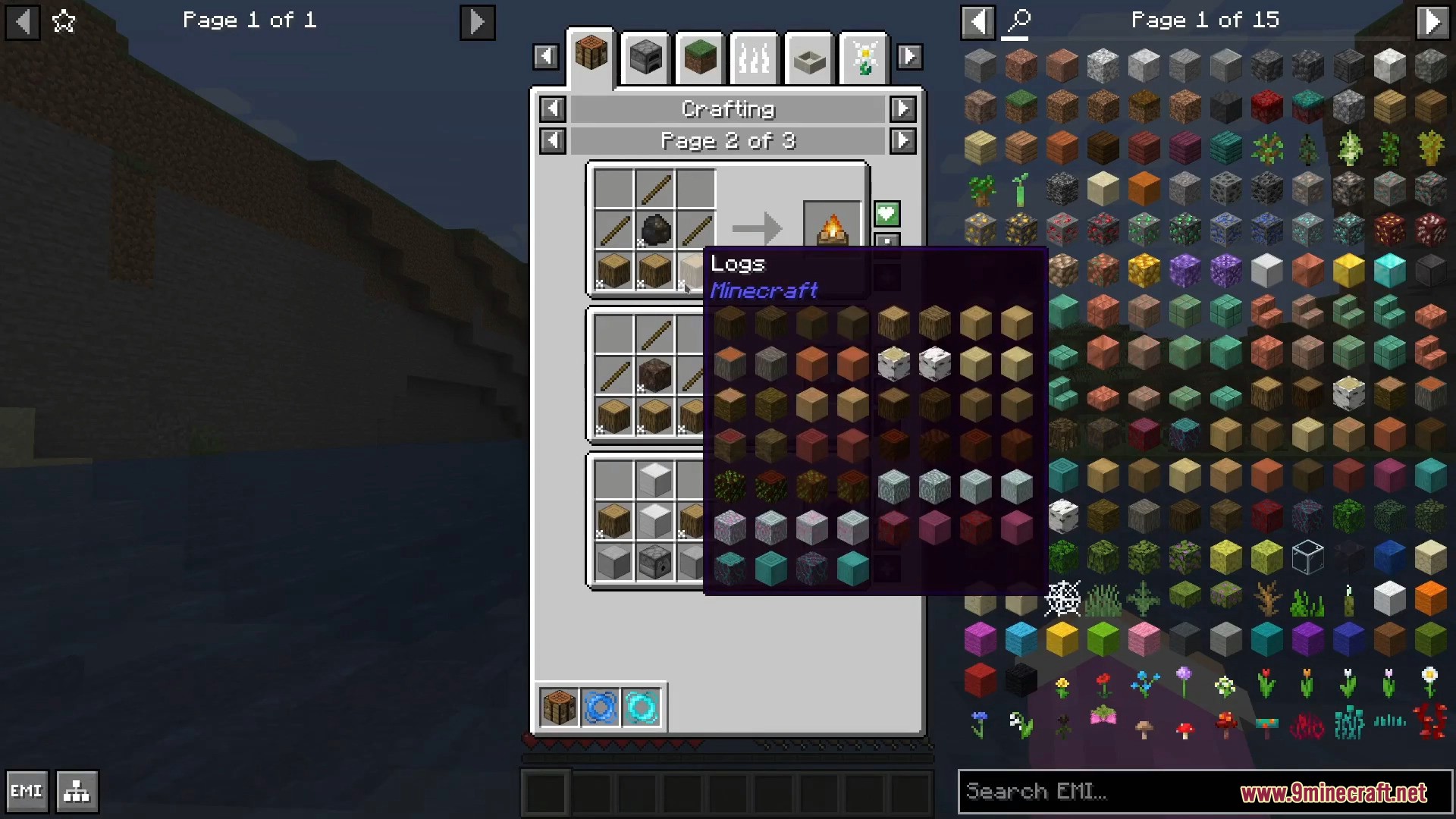 EMI sidebar showing campfire crafting recipes and a list of wood logs