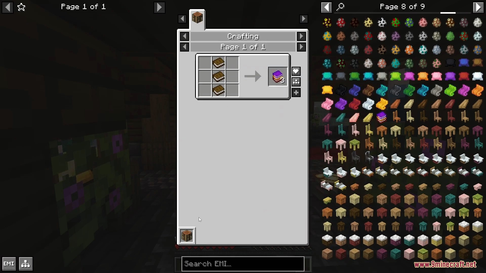 The EMI interface displaying a crafting recipe and a comprehensive item list