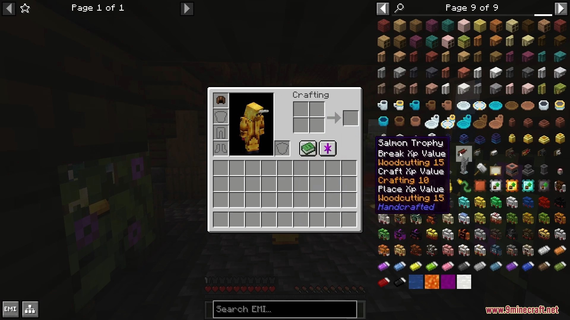 Minecraft inventory screen showing a salmon trophy tooltip and EMI item list