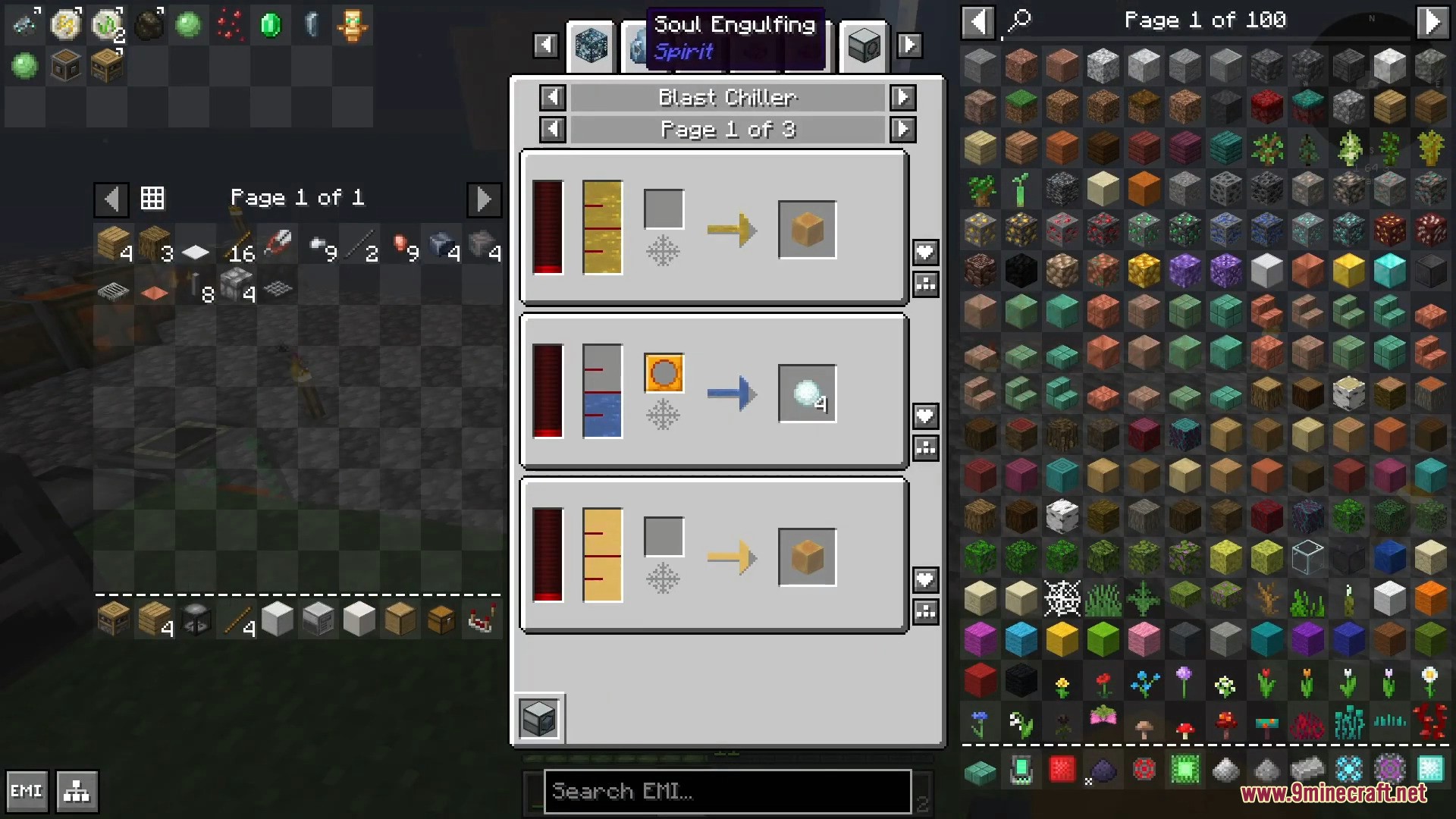 Blast chiller recipe interface showing crafting steps and a searchable item panel