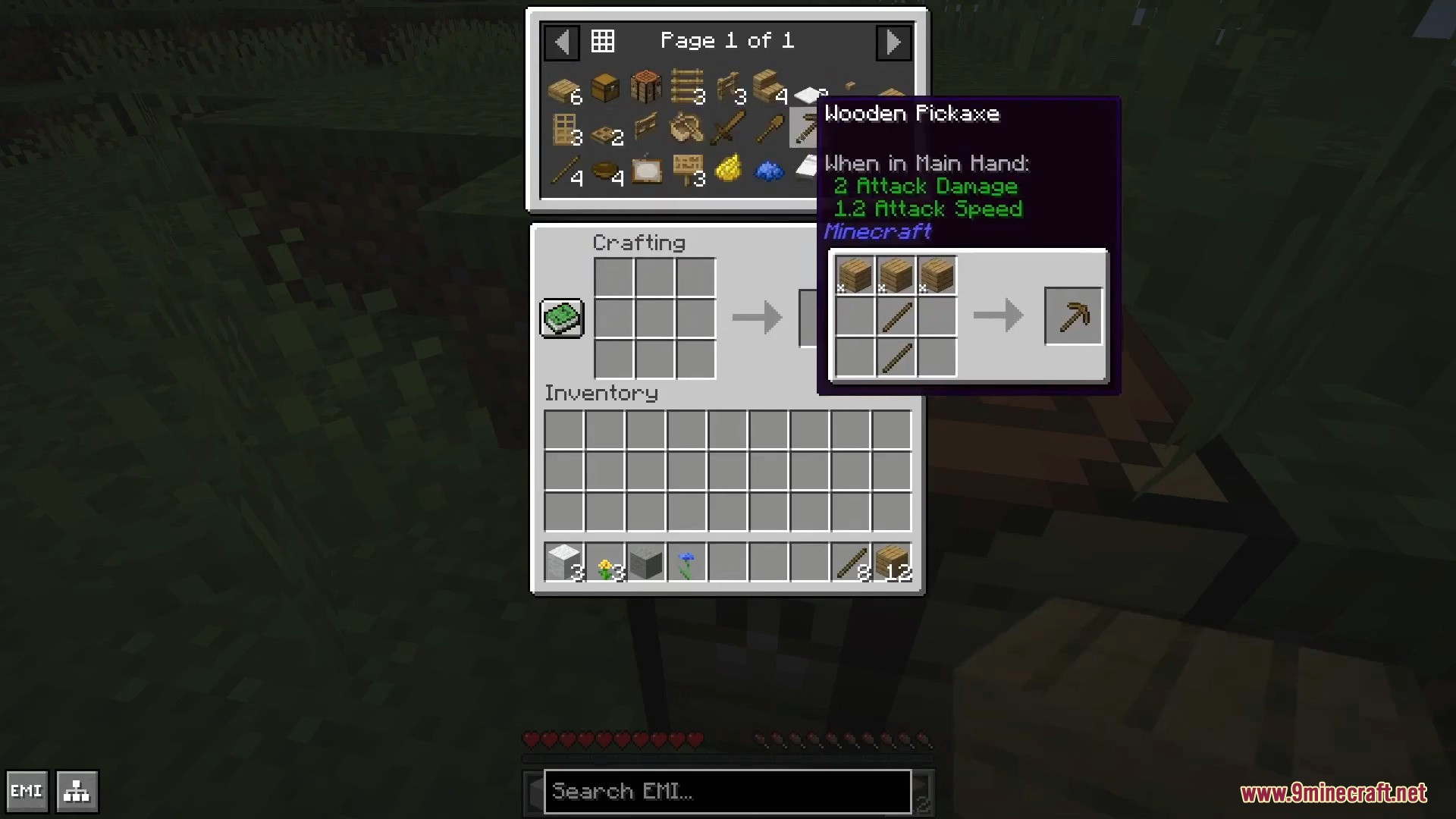 Minecraft inventory screen displaying the recipe for a wooden pickaxe using EMI