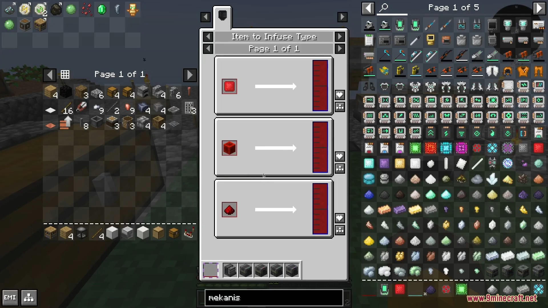 Infusion recipe screen showing redstone items alongside a comprehensive modded item list