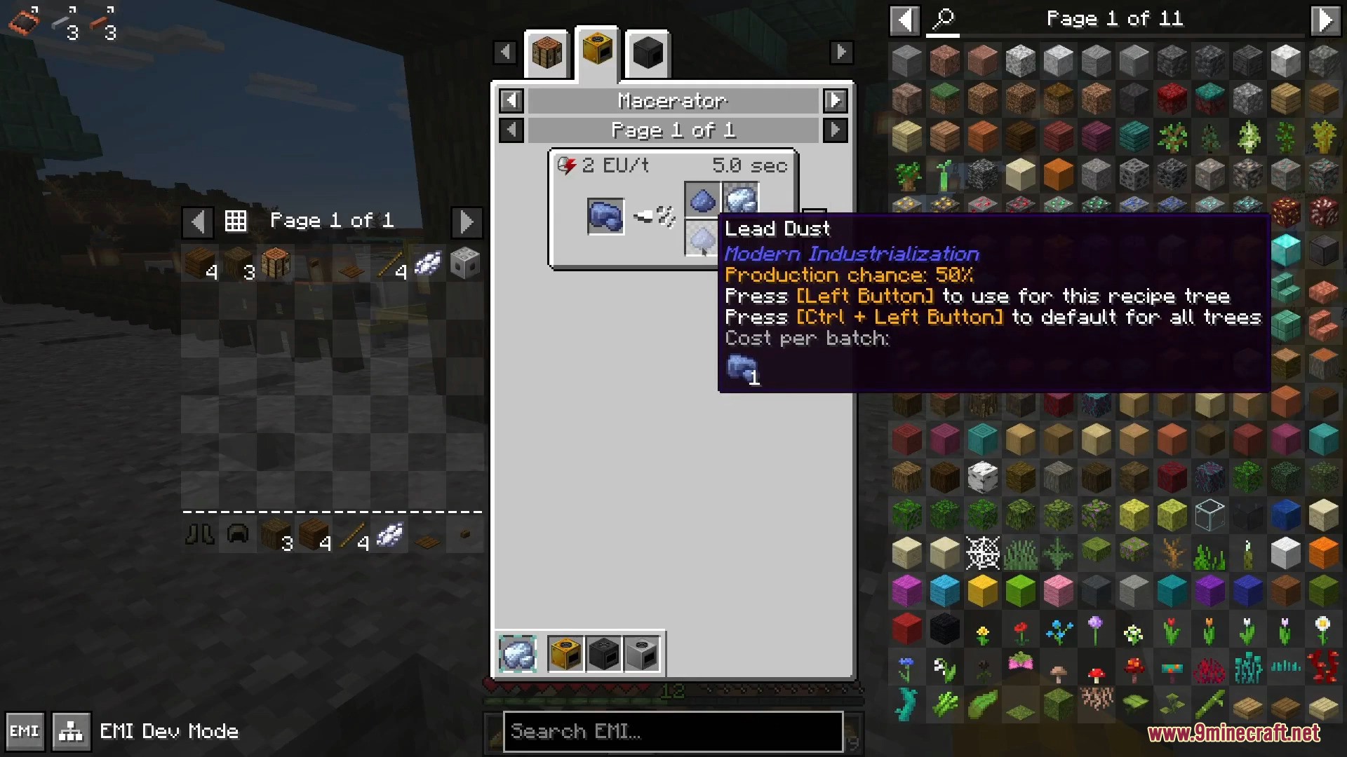 EMI recipe viewer showing macerator processing for lead dust in Minecraft