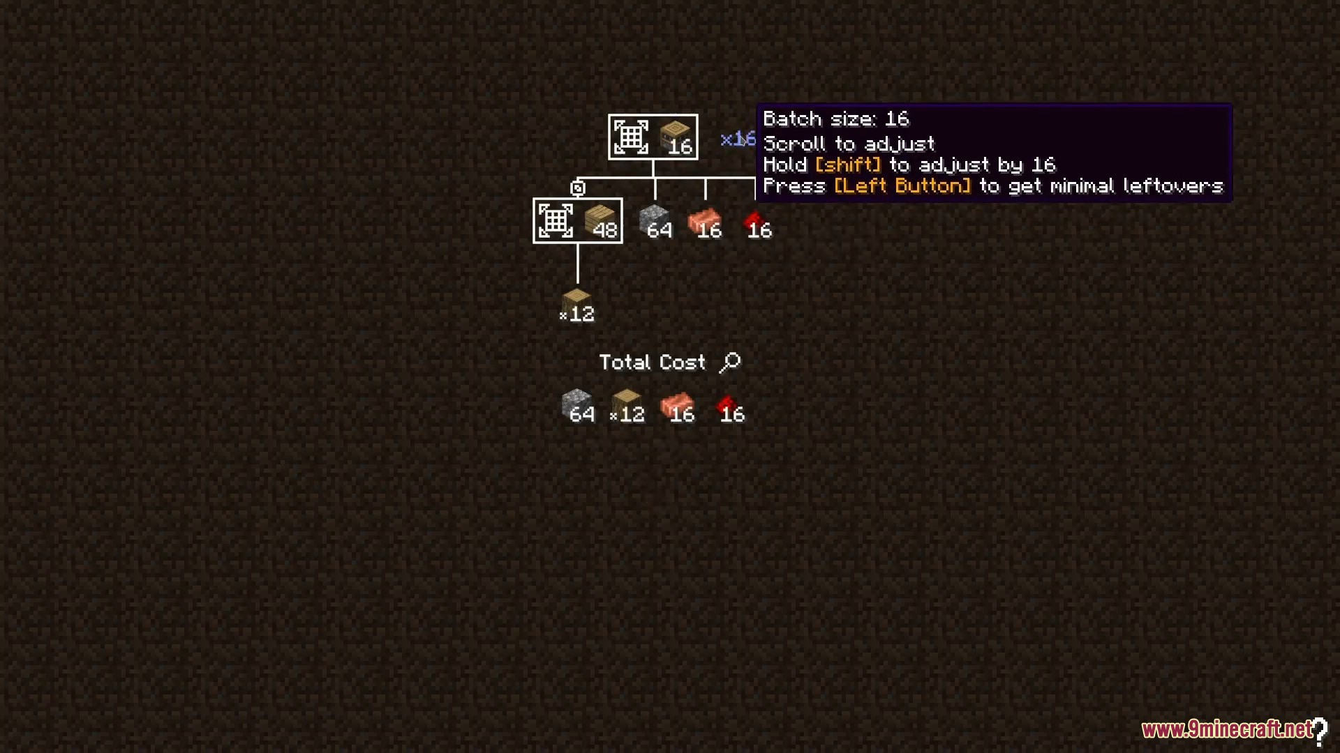 Detailed recipe tree interface displaying material costs for a batch of items