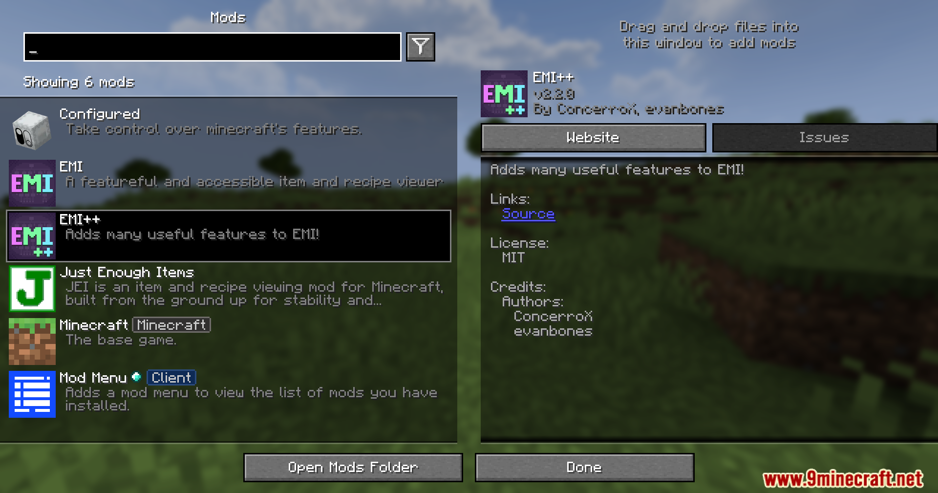 EMI Plus Plus Forked Mod Screenshot 1 The Minecraft mod menu screen displaying a list of installed game modifications