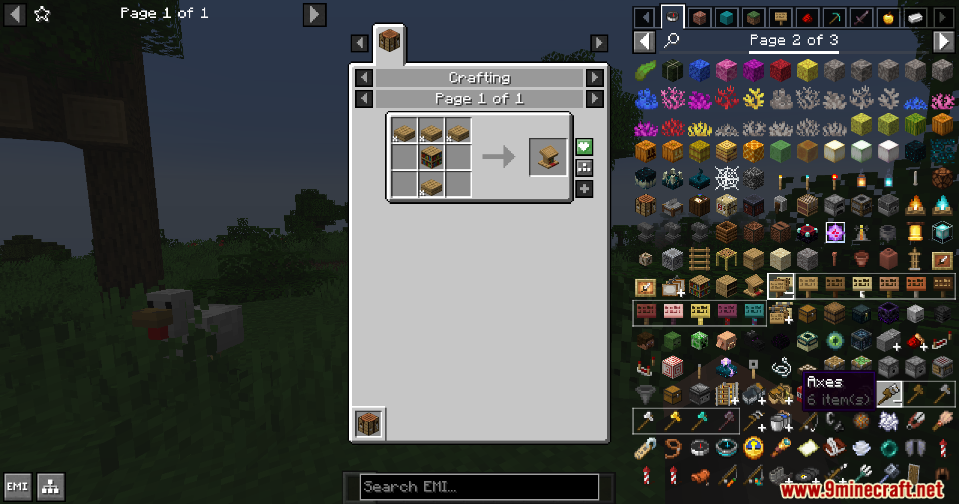 EMI Plus Plus Forked Mod Screenshot 4 Crafting recipe for a lectern with grouped axes in the item sidebar