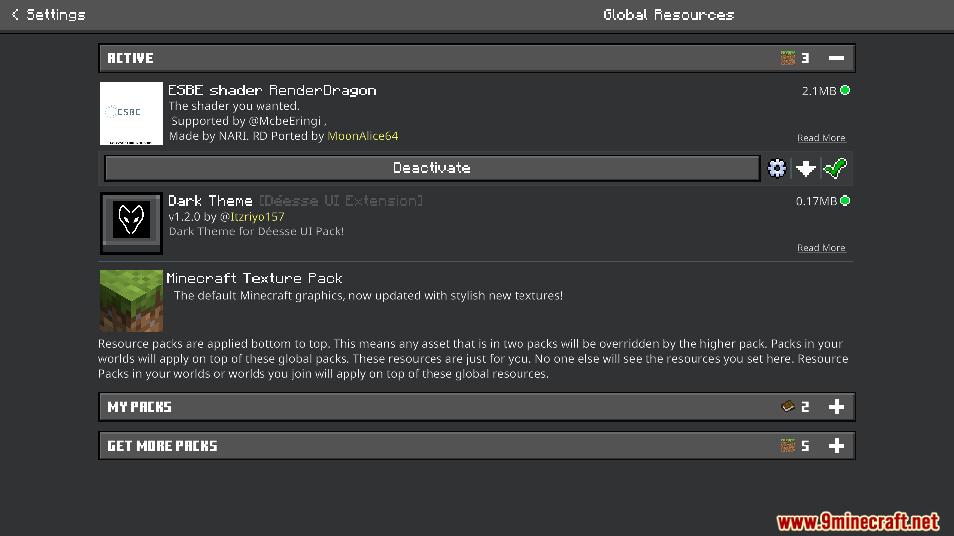 ESBE 1G Shader Screenshot 1 Minecraft global resources menu displaying the active ESBE shader RenderDragon pack