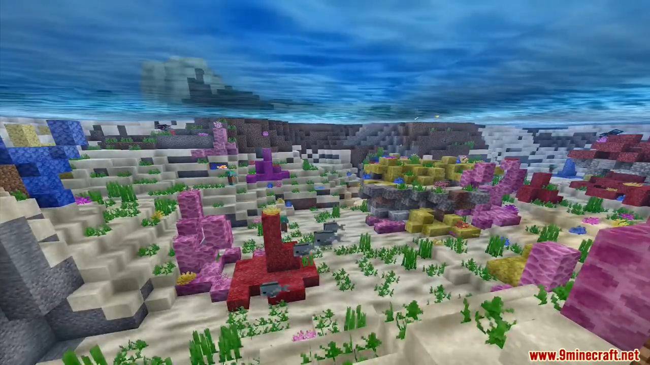 ESBE 1G Shader Screenshot 3 Vibrant underwater scene with colorful coral reefs and small fish swimming near sand