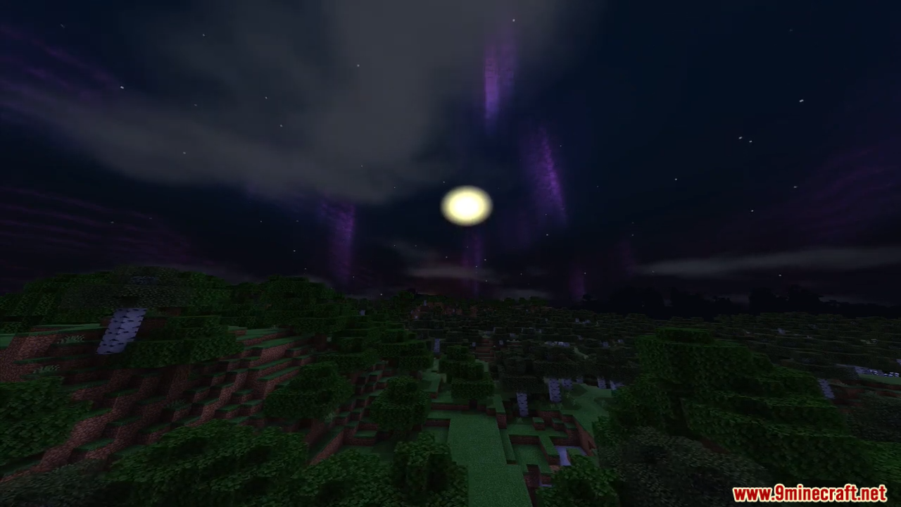 ESBE 1G Shader Screenshot 6 Bright moon and purple aurora lights glowing in the night sky over trees