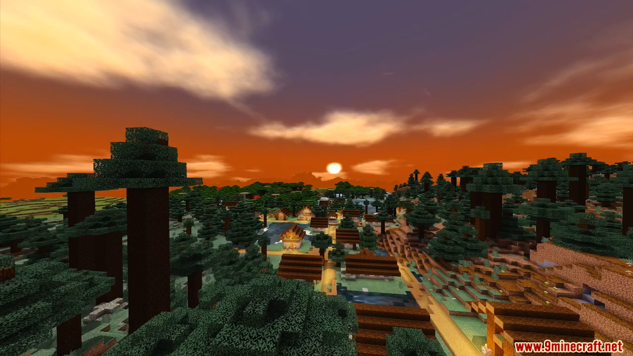 ESBE 1G Shader Screenshot 7 A peaceful Minecraft village nestled in a spruce forest during a vibrant sunset