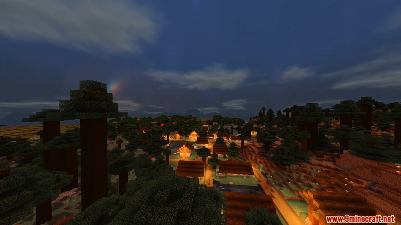 ESBE 1G Shader Screenshot 8 A quiet Minecraft village at night with warm lights glowing from the houses