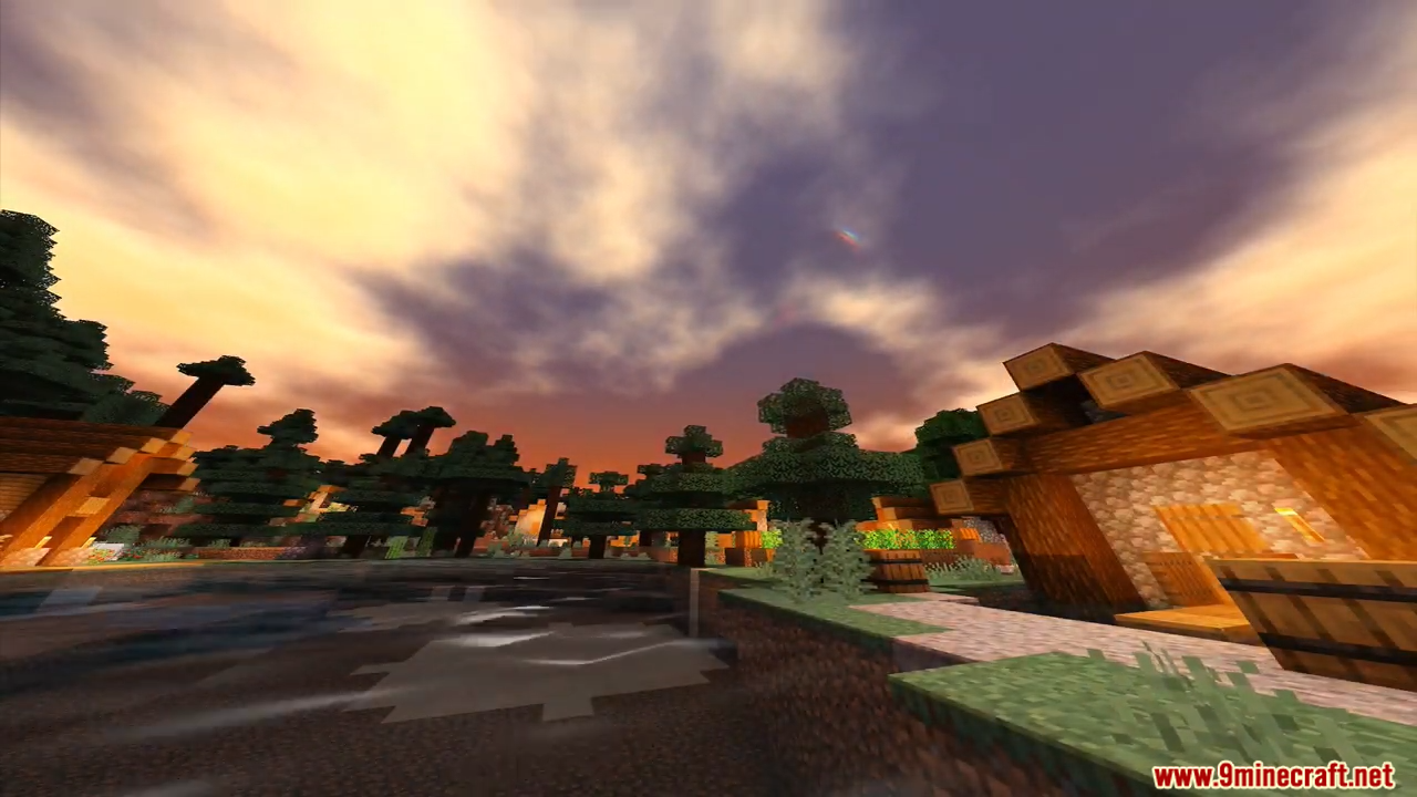 ESBE 1G Shader Screenshot 9 Sunset over a spruce forest village with realistic ESBE 1G Shader lighting