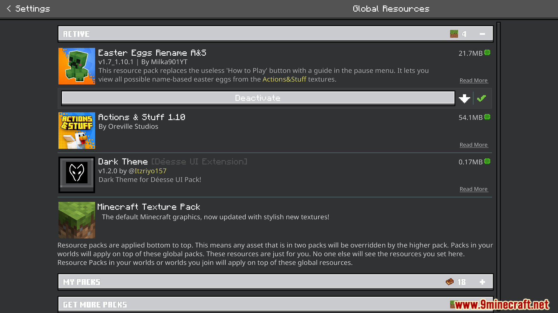 Easter Eggs Rename Ans Texture Pack Screenshot 1 Global Resources settings menu showing active resource packs in the game