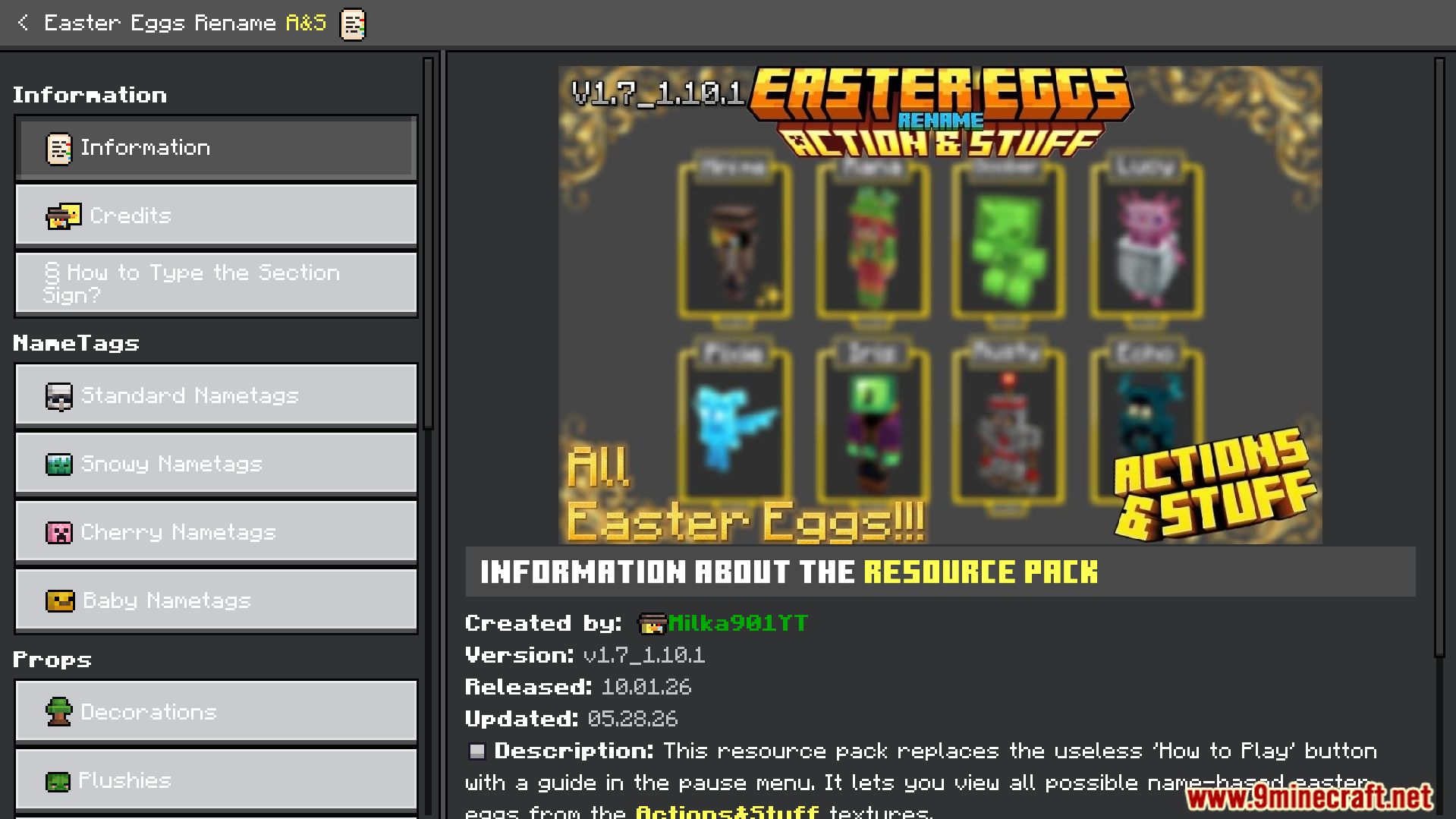 Easter Eggs Rename Ans Texture Pack Screenshot 3 Information menu for Easter Eggs Rename showing a catalog of mob secrets