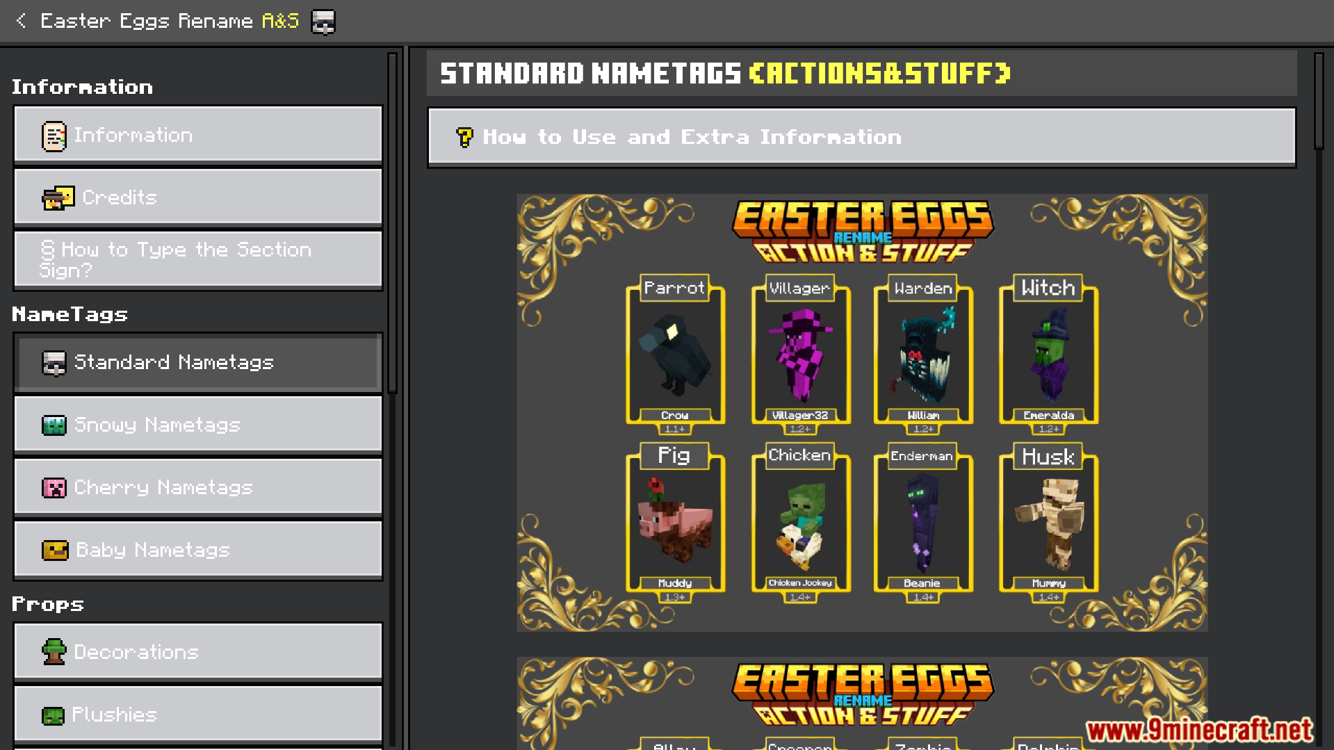 Easter Eggs Rename Ans Texture Pack Screenshot 4 Standard Nametags menu listing custom names for mobs like Parrot and Villager